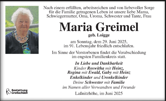 Traueranzeige von Maria Greimel von Kleine Zeitung