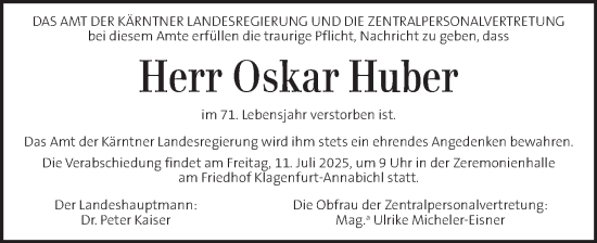 Traueranzeige von Oskar Huber von Kleine Zeitung