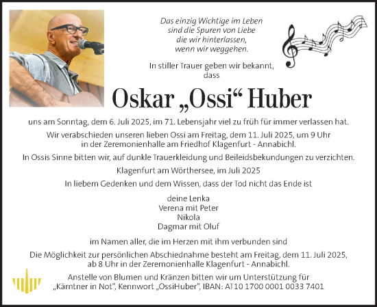 Traueranzeige von Oskar Huber von Kleine Zeitung