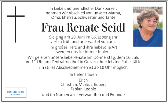 Traueranzeige von Renate Seidl von Kleine Zeitung