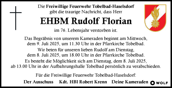 Traueranzeige von Rudolf Florian von Kleine Zeitung