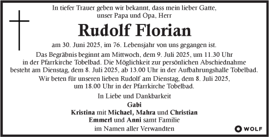 Traueranzeige von Rudolf Florian von Kleine Zeitung