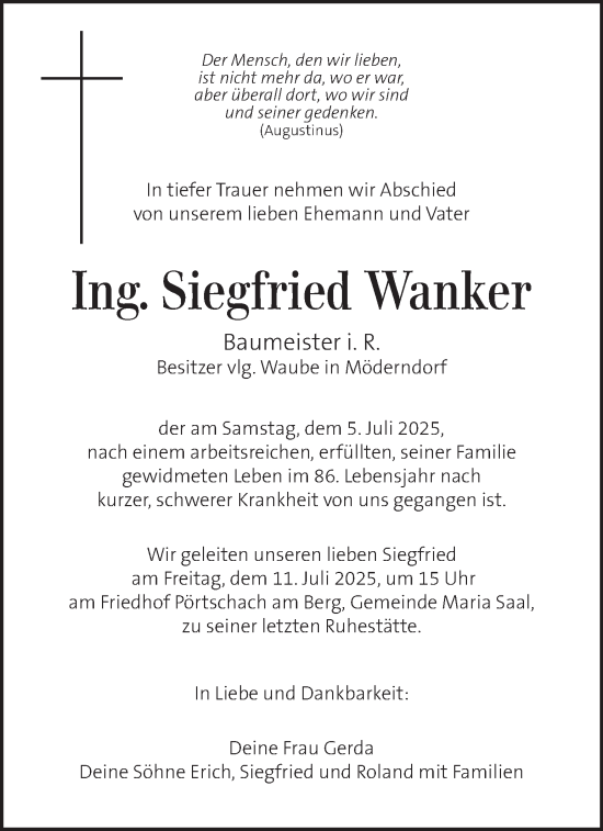 Traueranzeige von Siegfried Wanker von Kleine Zeitung