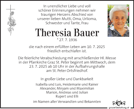 Traueranzeige von Theresia Bauer von Kleine Zeitung