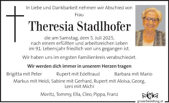 Traueranzeige von Theresia Stadlhofer von Kleine Zeitung