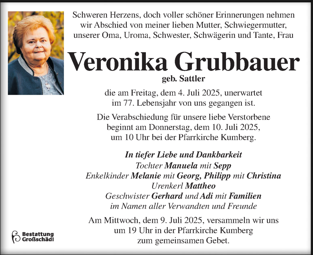 Traueranzeige für Veronika Grubbauer vom 08.07.2025 aus Kleine Zeitung