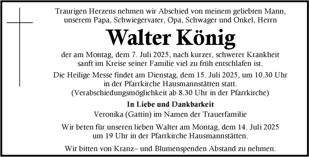 Traueranzeige für Walter König vom 12.07.2025 aus Kleine Zeitung