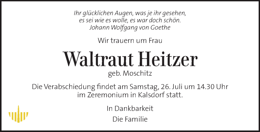  Traueranzeige für Waltraut Heitzer vom 19.07.2025 aus Kleine Zeitung