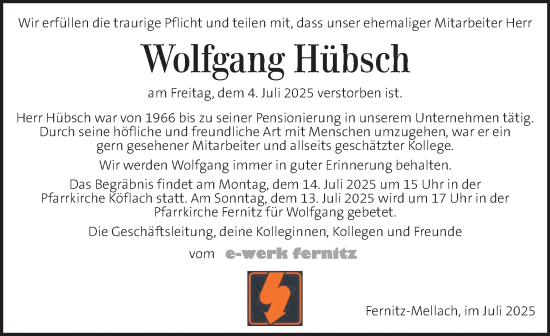Traueranzeige von Wolfgang Hübsch von Kleine Zeitung