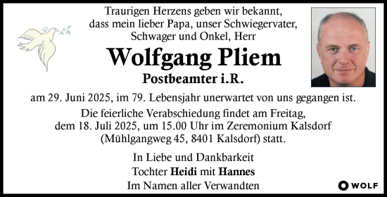 Traueranzeige von Wolfgang Pliem von Kleine Zeitung