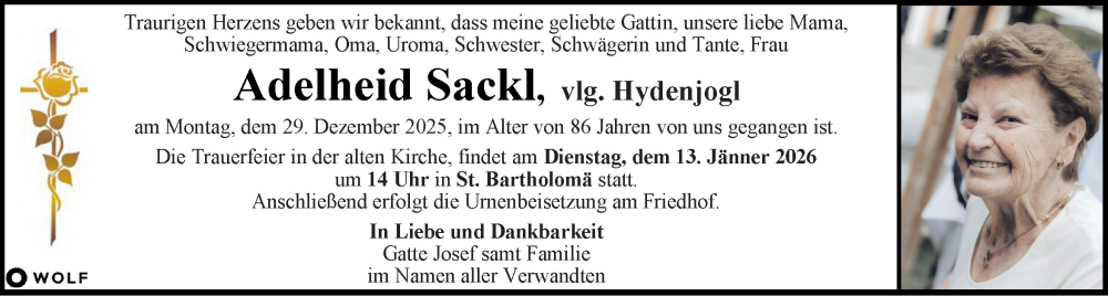  Traueranzeige für Adelheid Sackl vom 09.01.2026 aus Kleine Zeitung