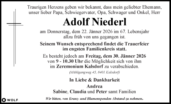 Traueranzeige von Adolf Niederl von Kleine Zeitung