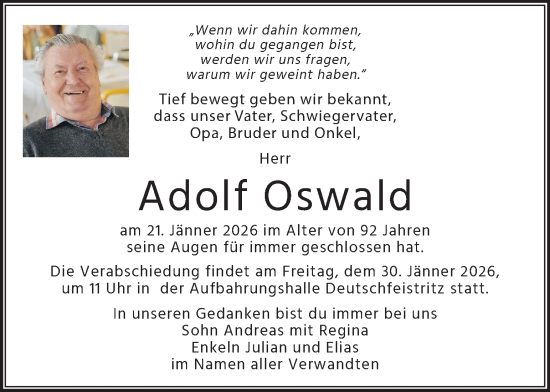 Traueranzeige von Adolf Oswald von Kleine Zeitung
