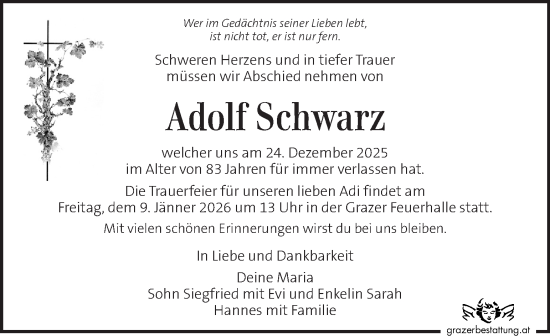 Traueranzeige von Adolf Schwarz von Kleine Zeitung