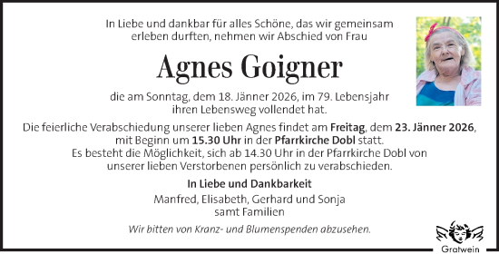 Traueranzeige von Agnes Goigner von Kleine Zeitung