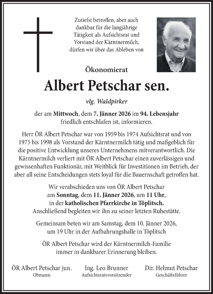  Traueranzeige für Albert Petschar vom 09.01.2026 aus Kleine Zeitung