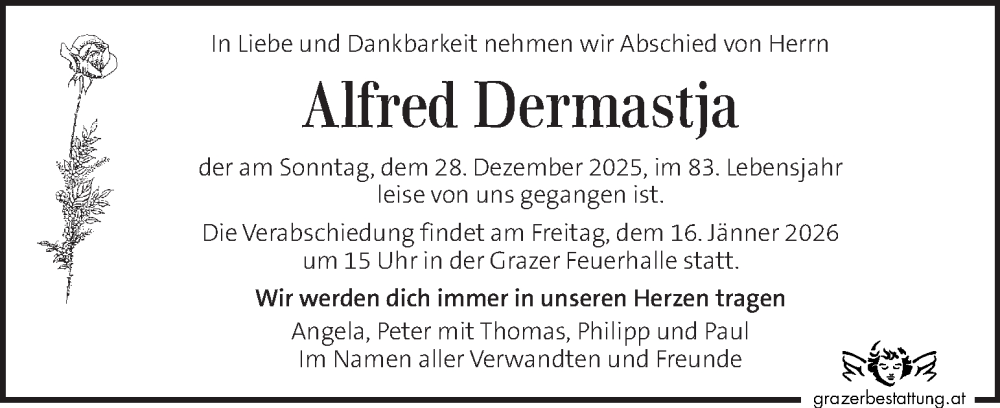  Traueranzeige für Alfred Dermastja vom 09.01.2026 aus Kleine Zeitung