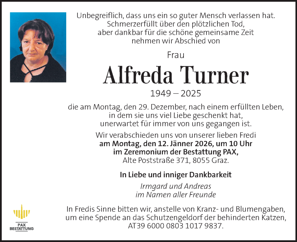  Traueranzeige für Alfreda Turner vom 06.01.2026 aus Kleine Zeitung