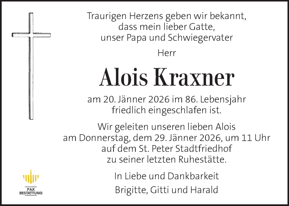  Traueranzeige für Alois Kraxner vom 27.01.2026 aus Kleine Zeitung