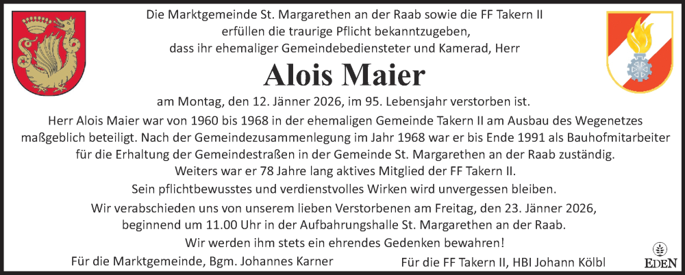  Traueranzeige für Alois Maier vom 18.01.2026 aus Kleine Zeitung