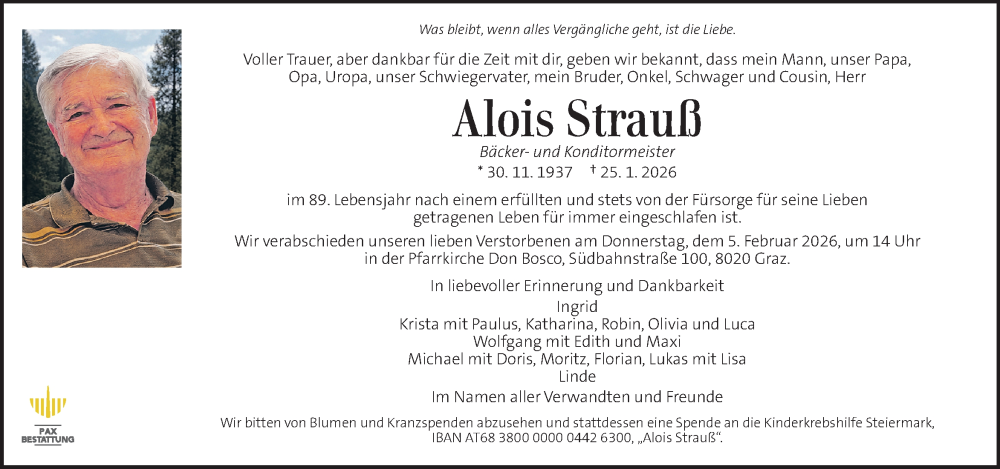  Traueranzeige für Alois Strauß vom 29.01.2026 aus Kleine Zeitung
