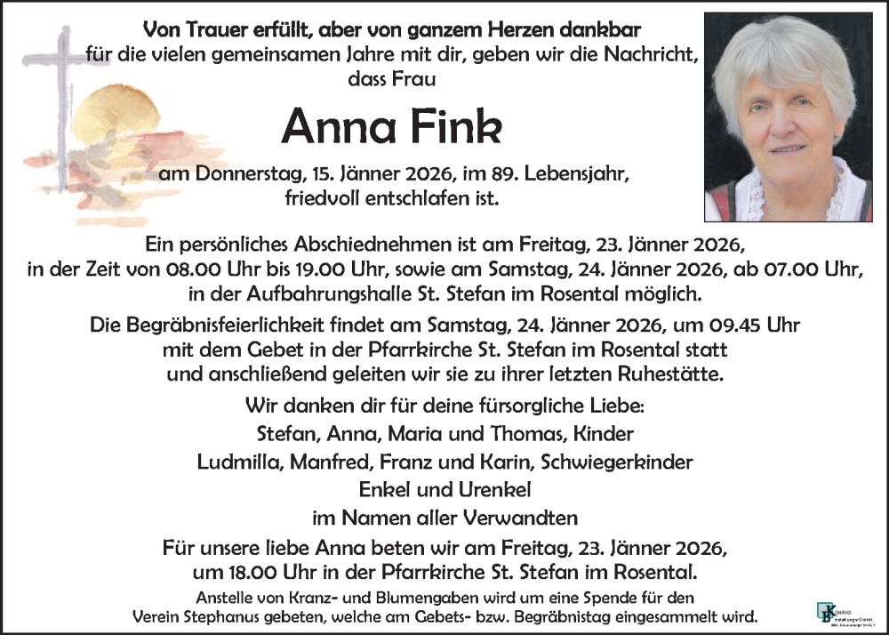  Traueranzeige für Anna Fink vom 21.01.2026 aus Kleine Zeitung