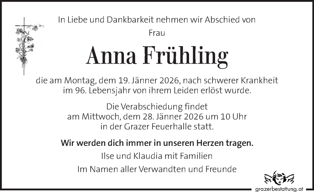  Traueranzeige für Anna Frühling vom 24.01.2026 aus Kleine Zeitung