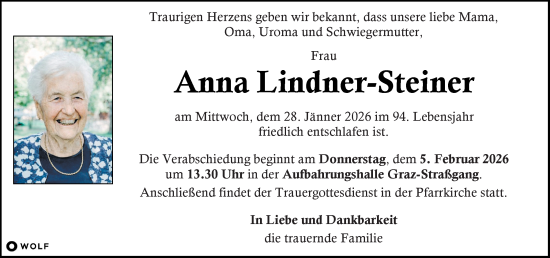 Traueranzeige von Anna Lindner-Steiner von Kleine Zeitung
