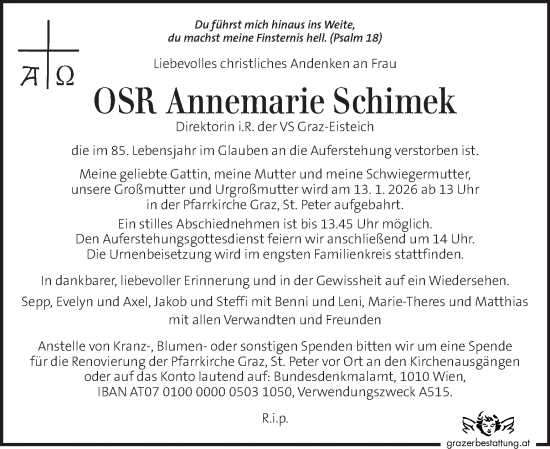 Traueranzeige von Annemarie Schimek von Kleine Zeitung