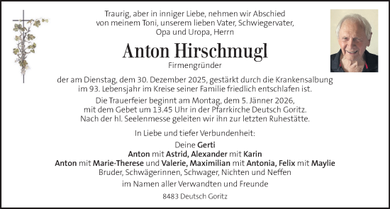 Traueranzeige von Anton Hirschmugl von Kleine Zeitung