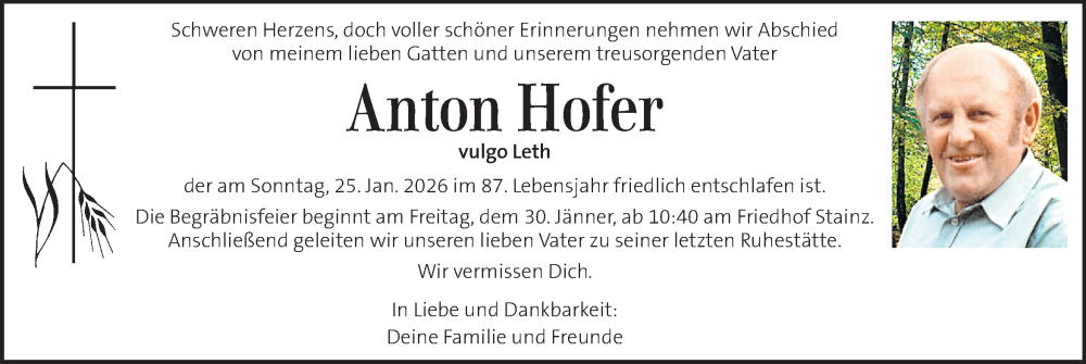  Traueranzeige für Anton Hofer vom 29.01.2026 aus Kleine Zeitung