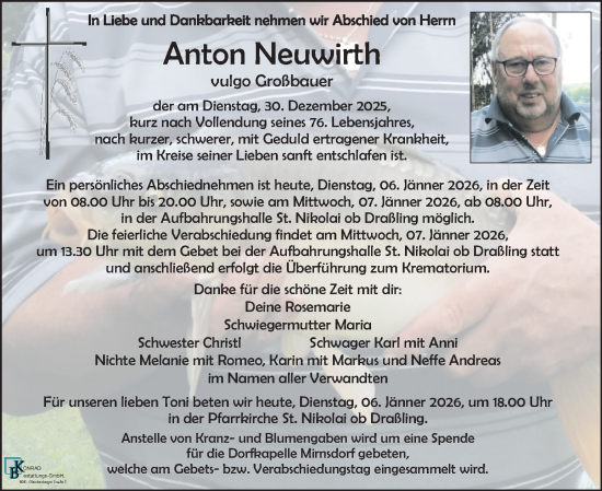 Traueranzeige von Anton Neuwirth von Kleine Zeitung