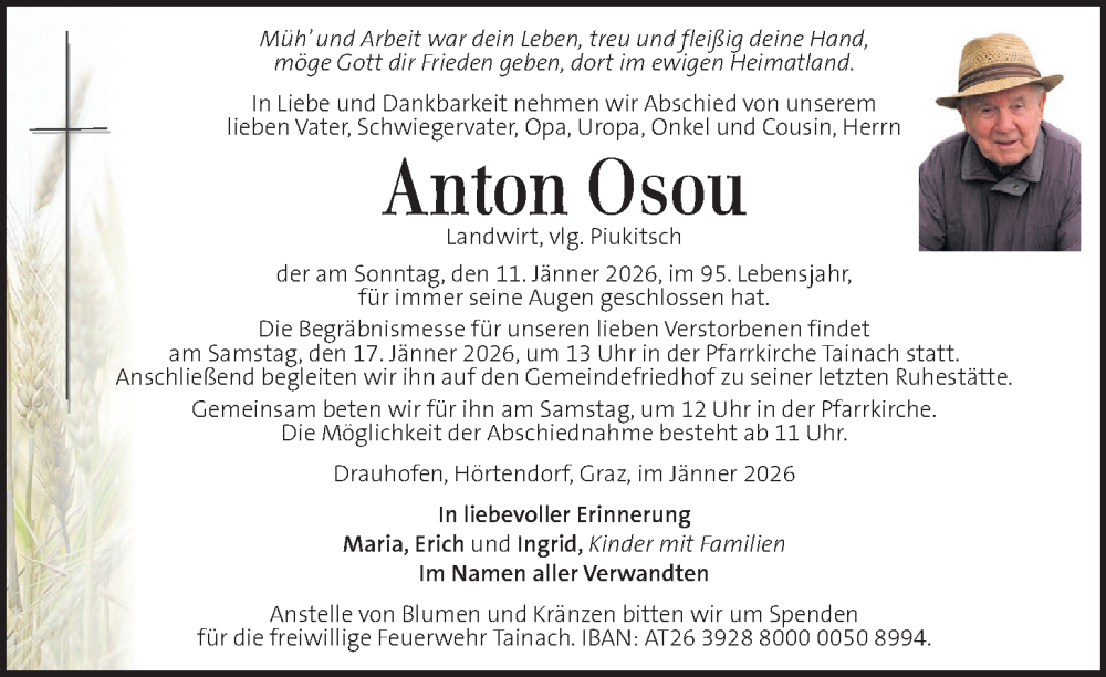  Traueranzeige für Anton Osou vom 15.01.2026 aus Kleine Zeitung
