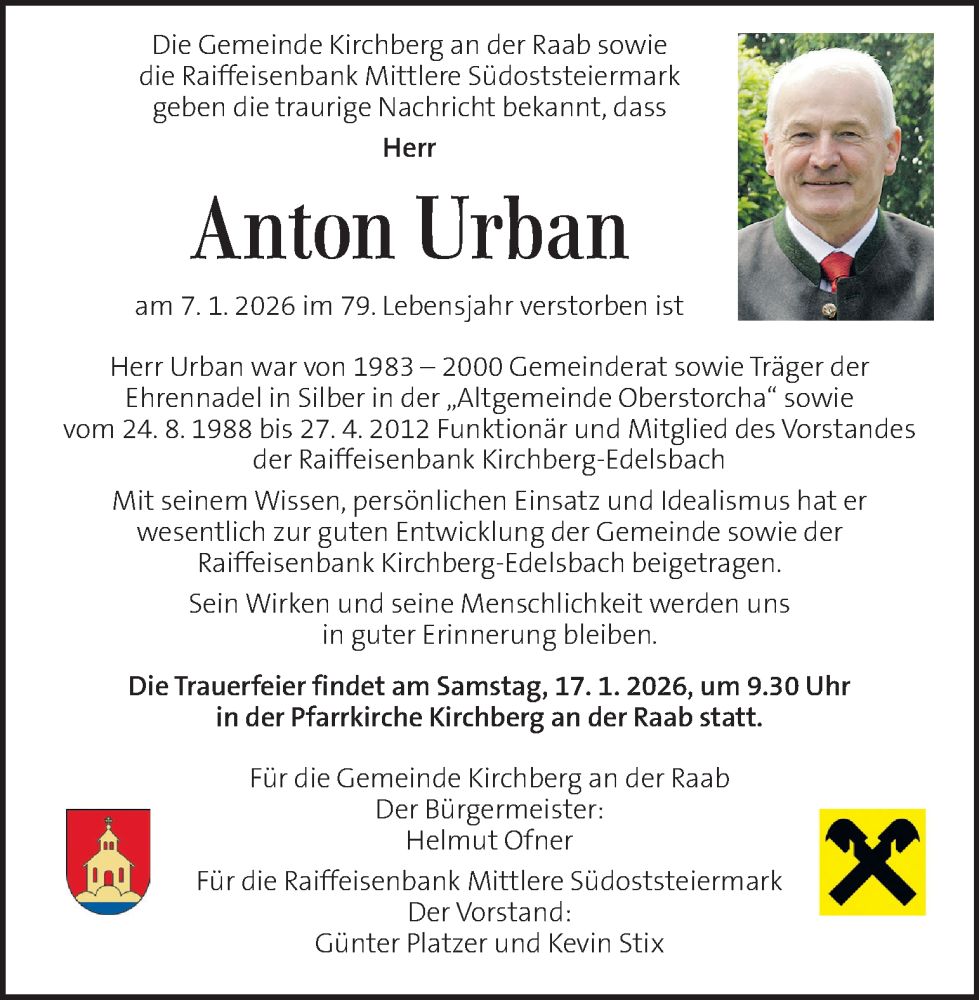 Traueranzeige für Anton Urban vom 15.01.2026 aus Kleine Zeitung