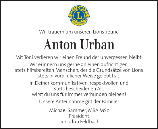 Traueranzeige von Anton Urban von Kleine Zeitung