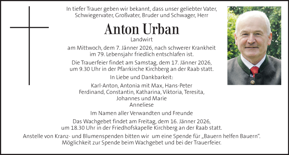  Traueranzeige für Anton Urban vom 14.01.2026 aus Kleine Zeitung