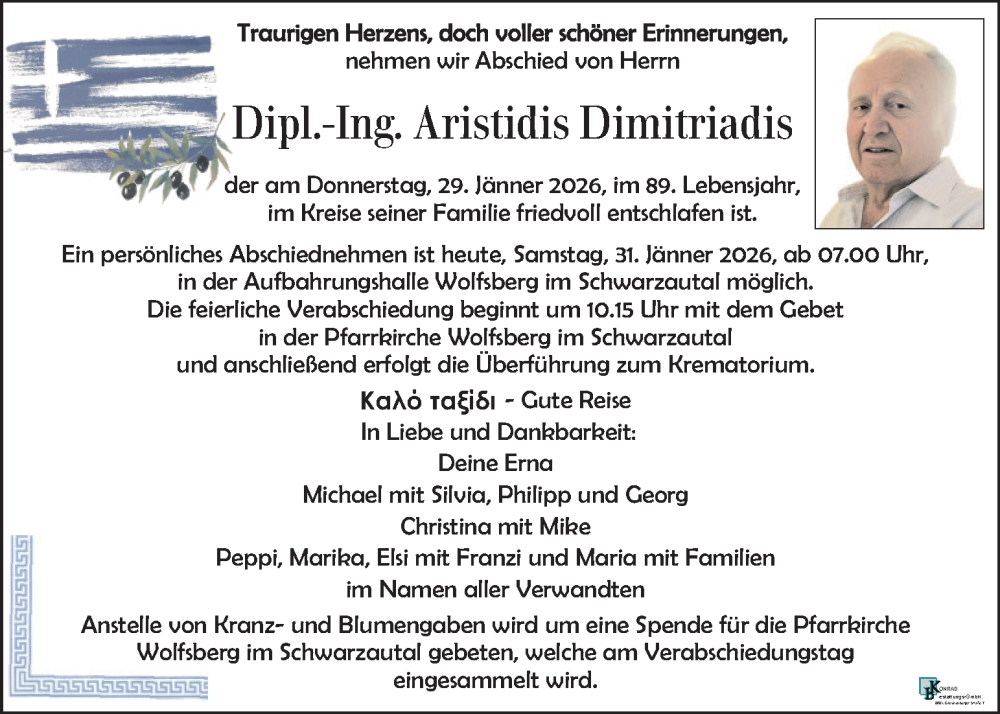  Traueranzeige für Aristidis Dimitriadis vom 31.01.2026 aus Kleine Zeitung