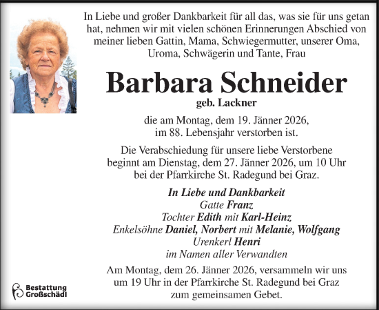 Traueranzeige von Barbara Schneider von Kleine Zeitung