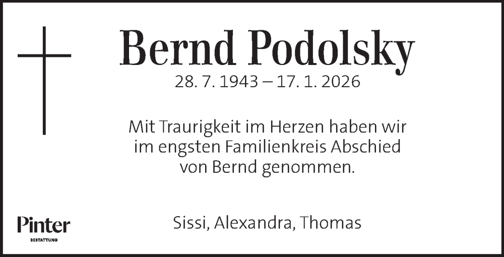  Traueranzeige für Bernd Podolsky vom 27.01.2026 aus Kleine Zeitung