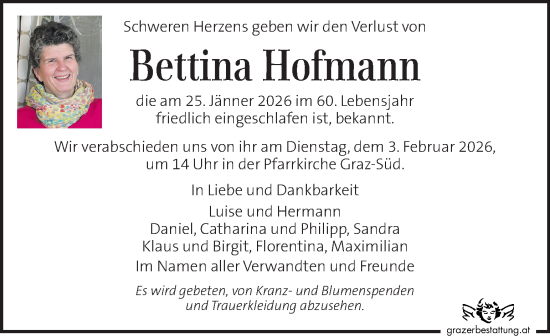 Traueranzeige von Bettina Hofmann von Kleine Zeitung