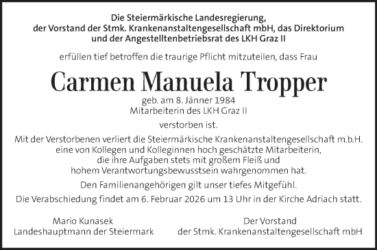 Traueranzeige von Carmen Manuela Tropper von Kleine Zeitung