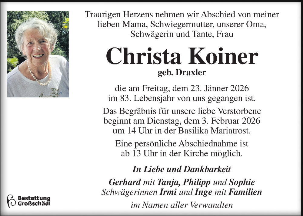  Traueranzeige für Christa Koiner vom 28.01.2026 aus Kleine Zeitung