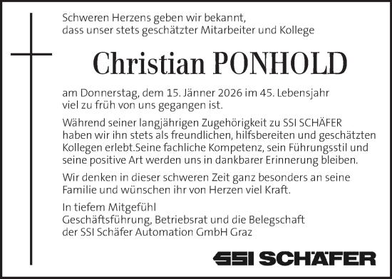 Traueranzeige von Christian Ponhold von Kleine Zeitung