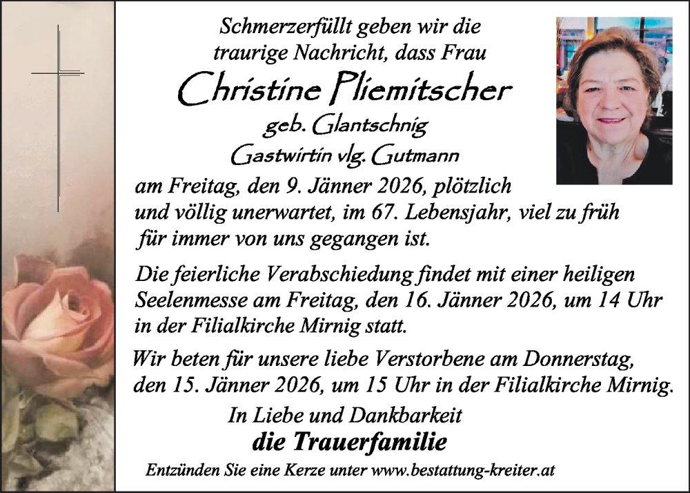  Traueranzeige für Christine Fliemitscher vom 14.01.2026 aus Kleine Zeitung