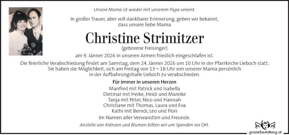  Traueranzeige für Christine Strimitzer vom 18.01.2026 aus Kleine Zeitung