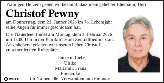 Traueranzeige von Christof Pewny von Kleine Zeitung