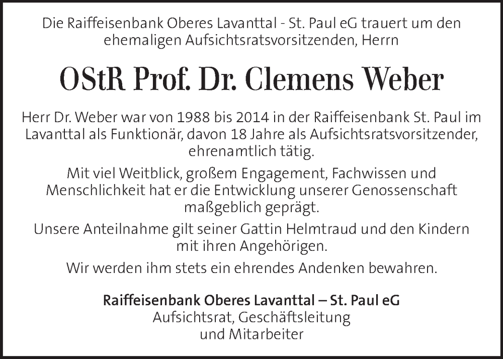  Traueranzeige für Clemens Weber vom 10.01.2026 aus Kleine Zeitung