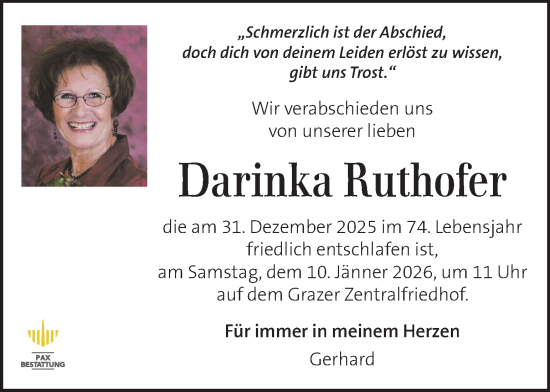 Traueranzeige von Darinka Ruthofer von Kleine Zeitung