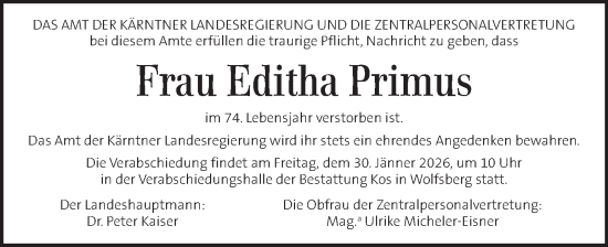 Traueranzeige von Editha Primus von Kleine Zeitung