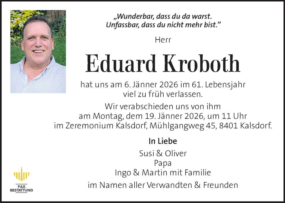  Traueranzeige für Eduard Kroboth vom 15.01.2026 aus Kleine Zeitung